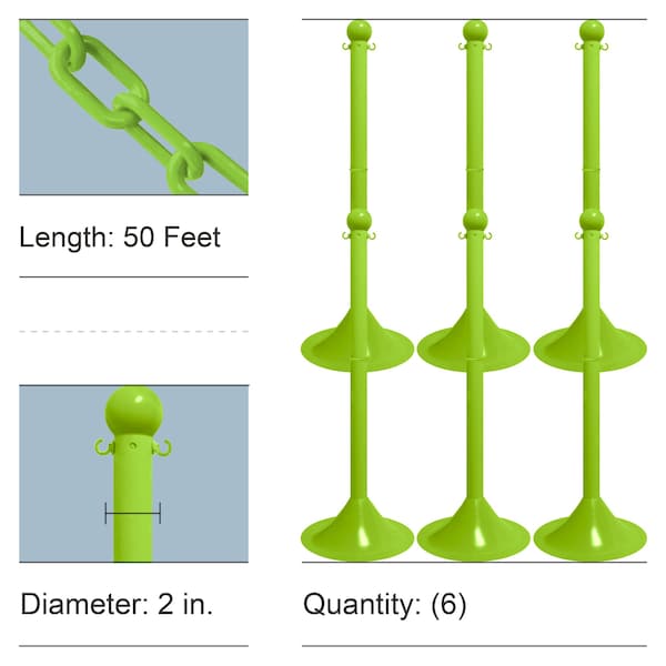 Sfty Grn Light Duty Stowable Stanchion Kit and Chain, 6PK